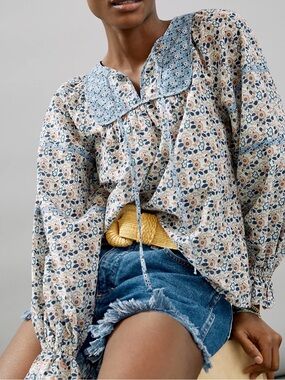 Anthropologie Othilia Laura Peasant Blouse floral blue size S